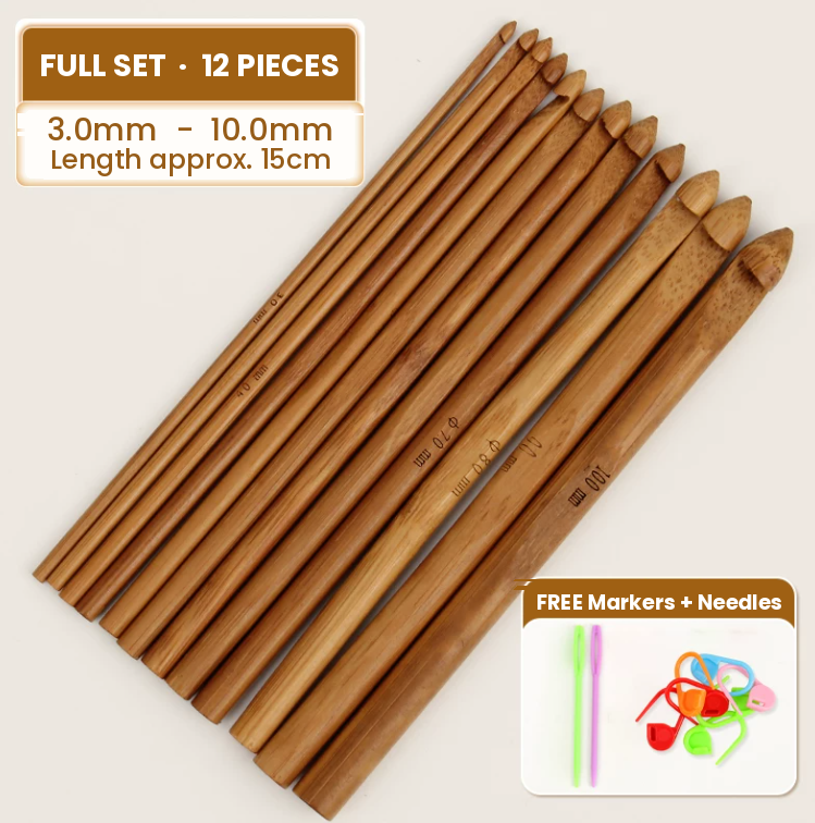 Carbonized Bamboo Crochet Hook Set — 12 Pieces, 3.0mm to 10.0mm